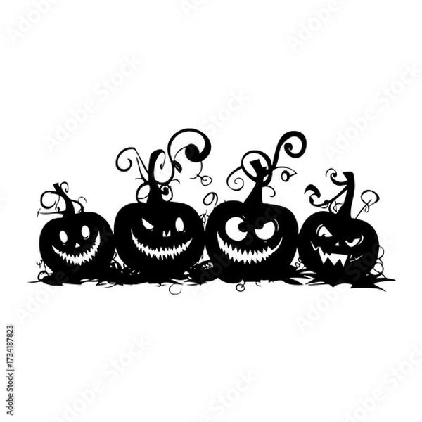 Fototapeta Silhouette of multiple Halloween pumpkins jack o lanterns with scary faces and curly stems isolated on white background