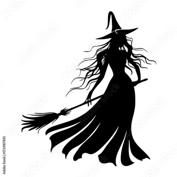 Fototapeta Silhouette of witch standing with broomstick isolated on white background