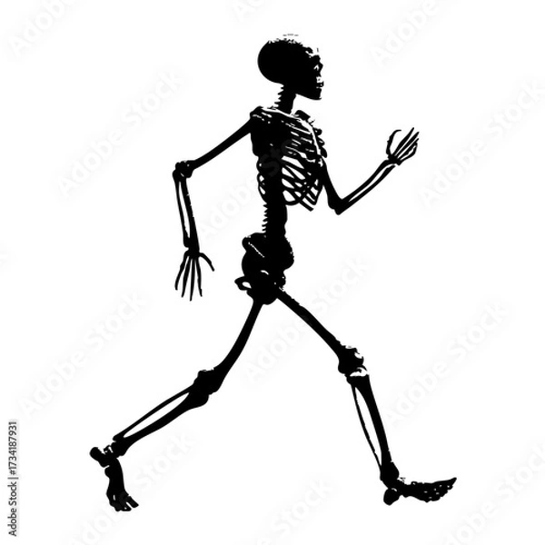 Fototapeta Black silhouette of a walking skeleton in dynamic pose isolated on transparent background