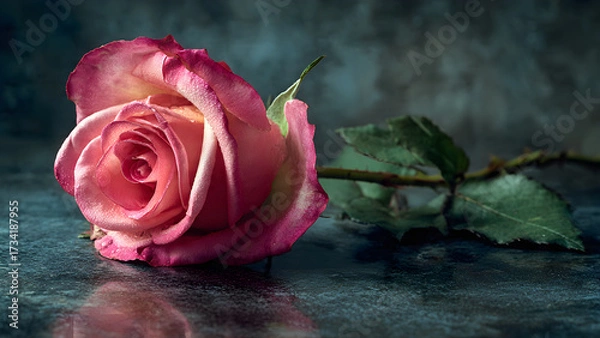 Fototapeta A single pink rose lying on a dark surface background