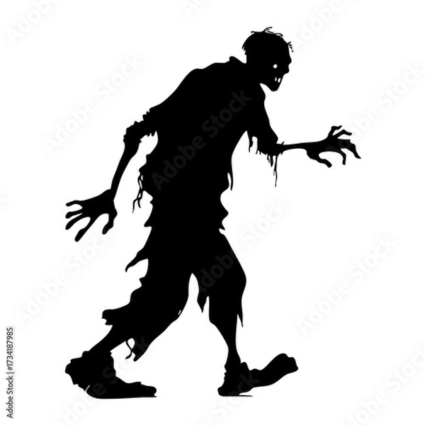 Fototapeta Black silhouette of a zombie walking with outstretched arms and ragged clothes isolated on transparent background