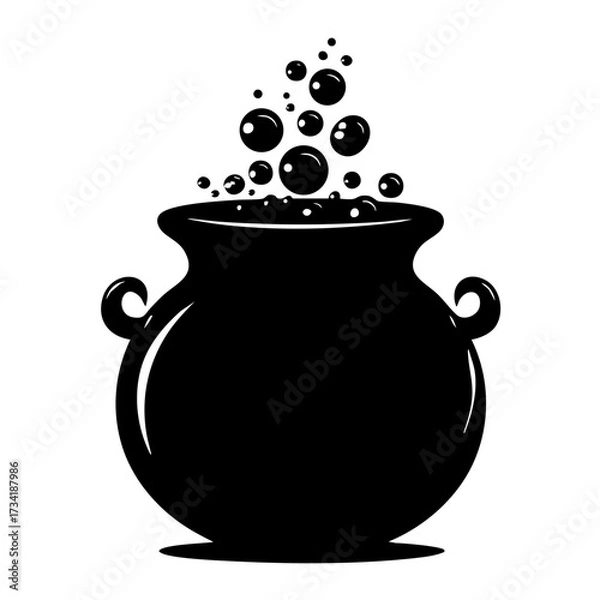 Fototapeta Black silhouette of witch cauldron with bubbling potion and side handles isolated on transparent background