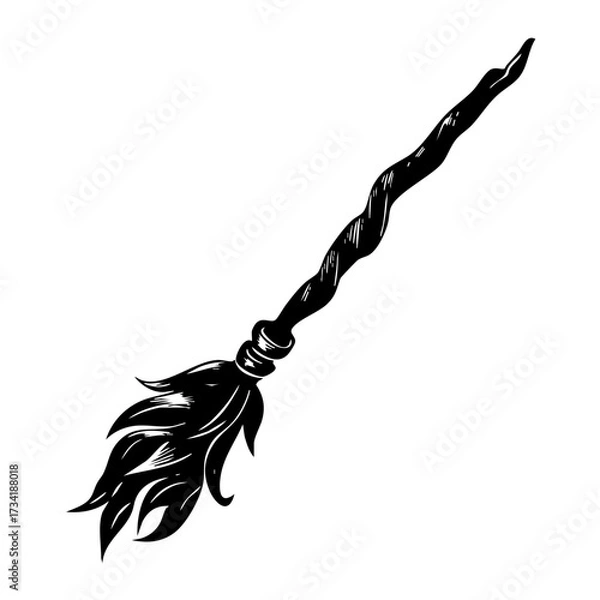 Fototapeta Black silhouette of witch broomstick with twisted handle and leaf bristles isolated on transparent background