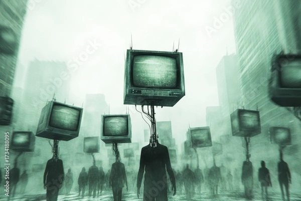 Fototapeta Green television, propaganda, people under information. Generative AI