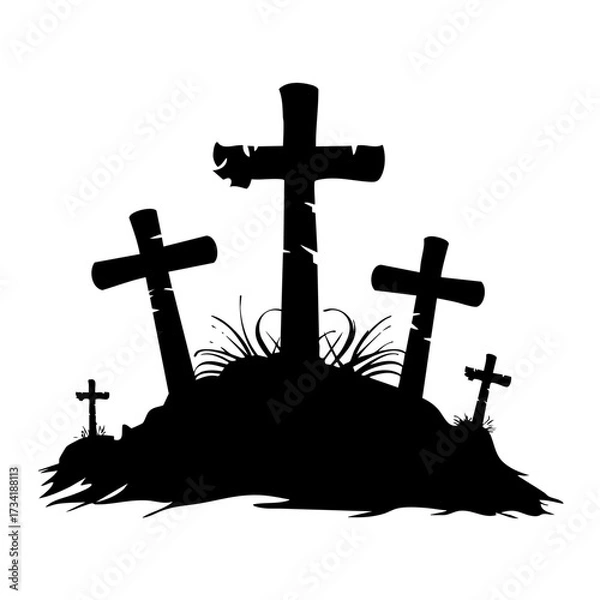 Fototapeta Black silhouette of graveyard with three crosses on mounds isolated on transparent background