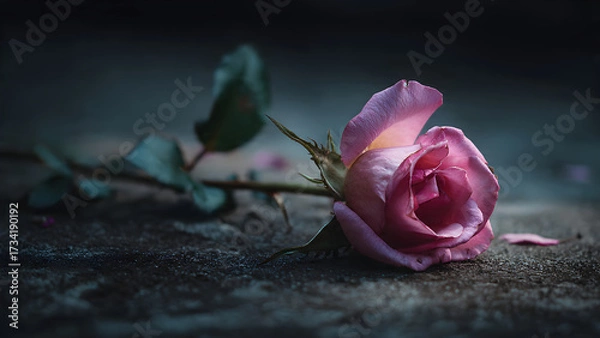 Fototapeta A single pink rose lying on a dark surface background