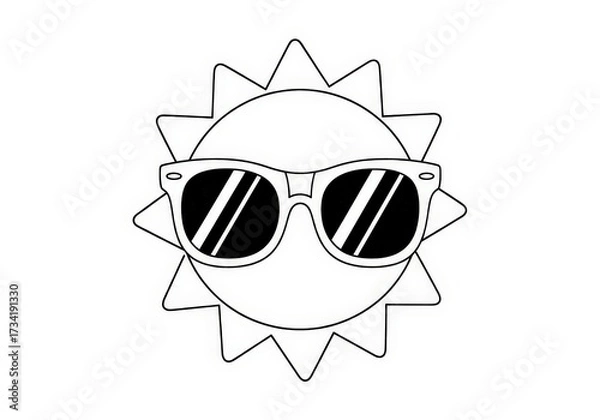 Fototapeta Cartoon Sun Wearing Sunglasses with Rays in Black and White Style for Fun Illustrations