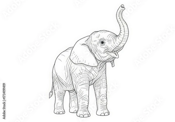 Fototapeta Happy Elephant in Outline Style with Upturned Trunk and Playful Expression for Coloring Books