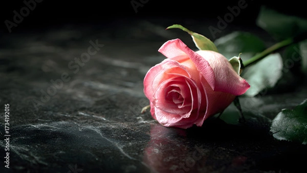 Fototapeta A single pink rose lying on a dark surface background