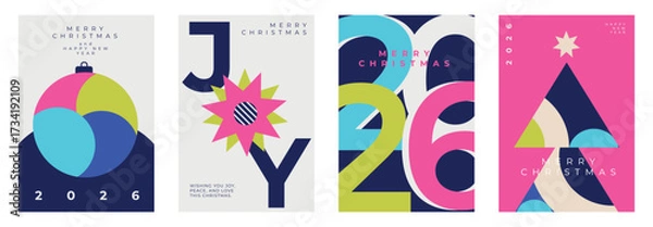 Obraz Minimalist geometric Christmas and New Year greeting cards set. Modern abstract design with tree, ornament, numbers, colorful shapes. Perfect for holiday invitations, posters, prints.