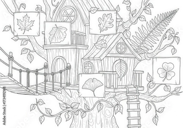 Fototapeta Intricate Treehouse Design with Leaves and Nature Elements in Black and White Line Art Style