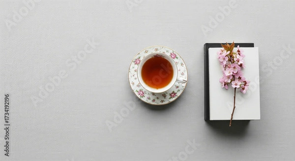 Fototapeta Serene Tabletop Scene with Floral Teacup Stack of Books and Cherry Blossom Branch
