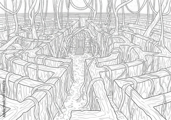 Fototapeta Intricate Maze with Twisting Vines and Overgrown Pathways in a Mystic Environment