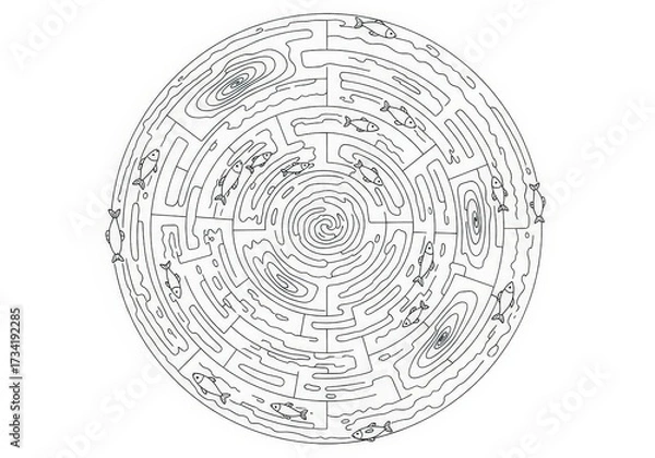 Fototapeta Intricate Circular Maze Design with Fish Illustrations in Black and White for Creative Use
