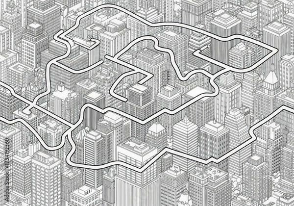 Fototapeta Abstract Outline of a Complex Cityscape with Intricate Buildings and Winding Roads