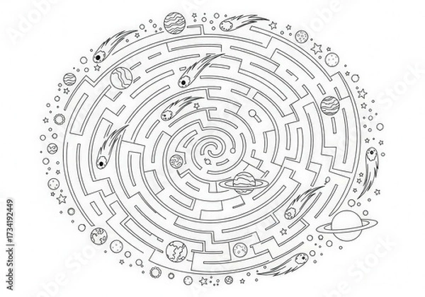Fototapeta Intricate Maze Design Featuring Planets and Comets in a Cosmic Background for Coloring Activity