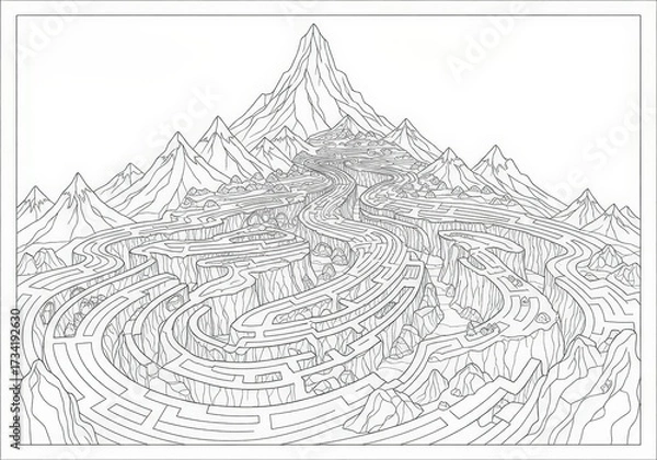 Fototapeta Intricate Black and White Maze Design with Mountains and Elongated Paths for Relaxation Art