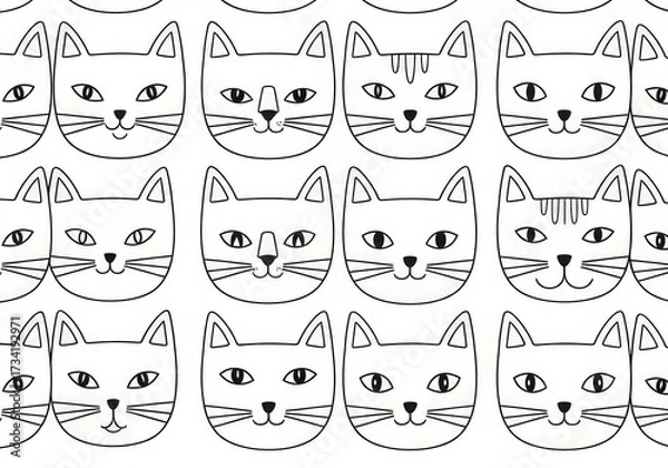 Fototapeta Seamless Pattern of Hand-Drawn Cat Faces in Minimalist Style for Creative Projects