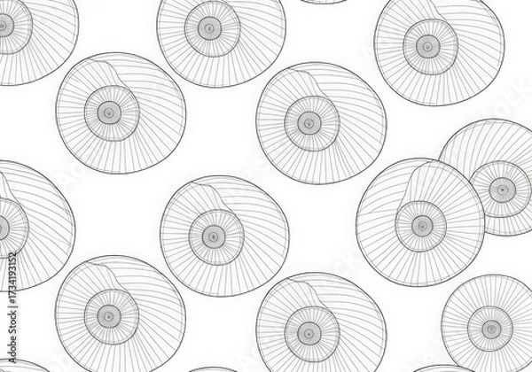 Fototapeta Intricate Line Art Pattern Featuring Nautilus Shells on a Soft White Background Design