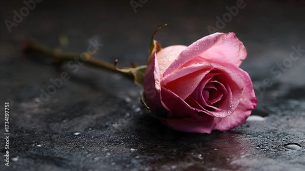 Fototapeta A single pink rose lying on a dark surface background