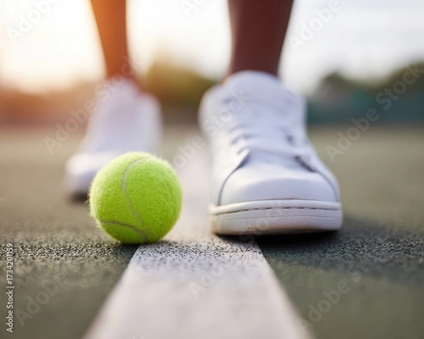 Fototapeta Close-Up of Tennis Shoe and Ball on Court with Sunlight in Background During a Game