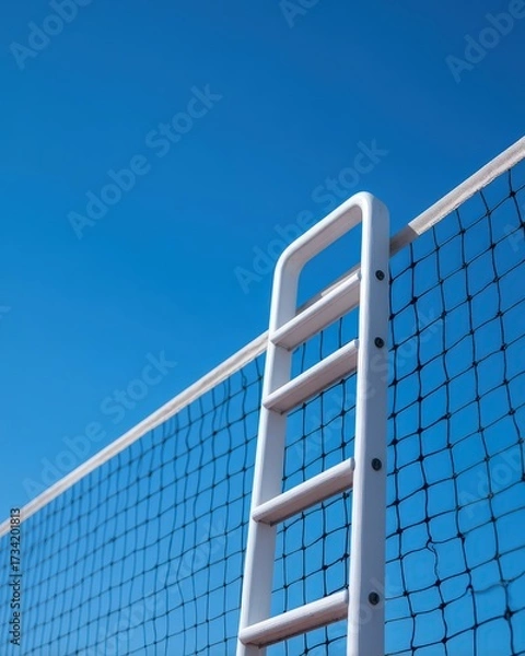 Fototapeta Tennis Net Against Clear Blue Sky with Ladder in Bright Sunlight during Competitive Match