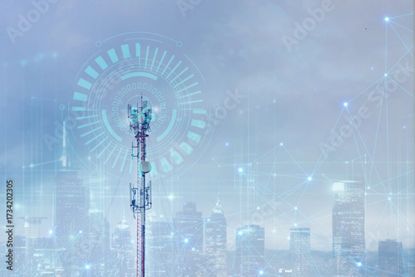 Fototapeta Telecommunication tower or Mobile phone tower with 5G cellular network . Global connection and internet network concept.on city background.
