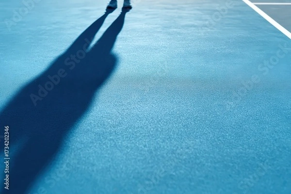 Fototapeta Dynamic Shadows on a Blue Tennis Court Surface During a Match Action Scene