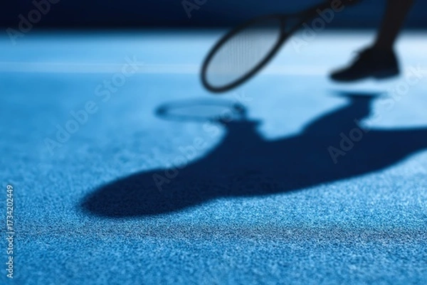 Fototapeta Dynamic Tennis Action Shadow on Blue Court Surface with Player's Movement