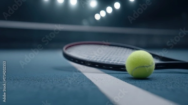 Fototapeta Close-Up of Tennis Ball and Racket on Court Surface with Dramatic Lighting and Depth of Field