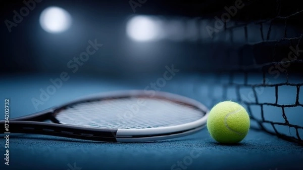 Fototapeta A Close-Up View of a Tennis Racket and Ball on a Blue Court Surface with Soft Lighting Effects