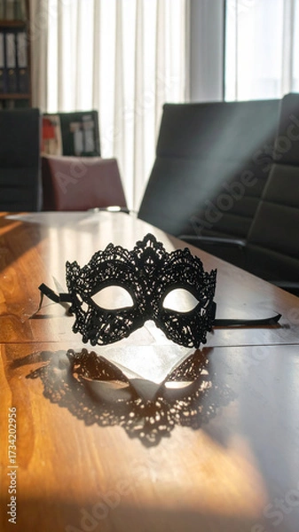 Fototapeta Minimalist Corporate Meeting Room with Single Venetian Lace Mask and Dramatic Shadow