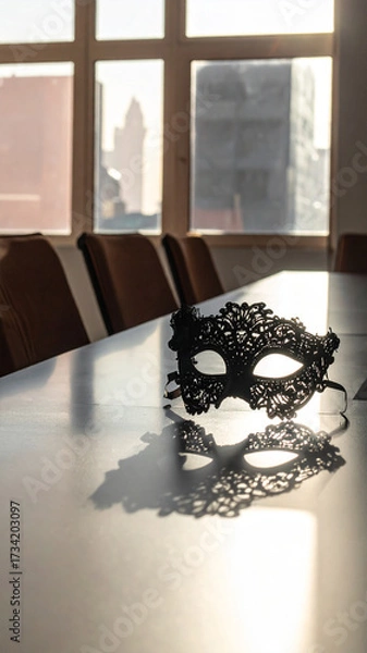 Fototapeta Minimalist Corporate Meeting Room with Single Venetian Lace Mask and Dramatic Shadow