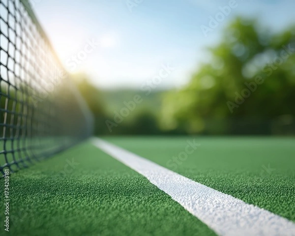 Fototapeta Close-Up View of Tennis Net and Court with Natural Background During Daylight Hours