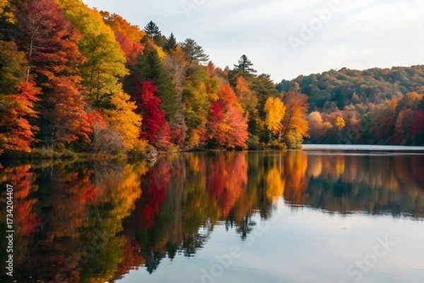 Fototapeta Autumn Reflection – Lake Surrounded by Vibrant Fall Foliage and Forest Hills, Nature, Conceptual, Abstract, Landscape, Seasonal, Environment