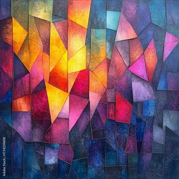 Fototapeta A vibrant abstract mosaic of fractured light and color, showcasing a dynamic interplay of warm and cool tones, creating a captivating visual symphony in a modern art style.