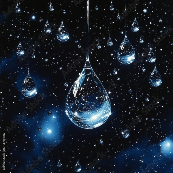 Fototapeta Ethereal Water Droplets Suspended in the Cosmic Void, Reflecting Starlight and Galactic Hues, A Mysterious and Profound Journey Through Liquid Universes