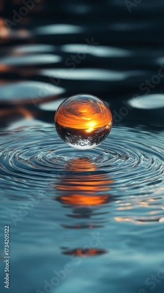 Fototapeta Golden Hour Magic: A Levitating Glass Sphere Captures a Fiery Sunset, Gently Kissing the Tranquil Water, Creating Mesmerizing Ripples in a Serene Natural Scene.