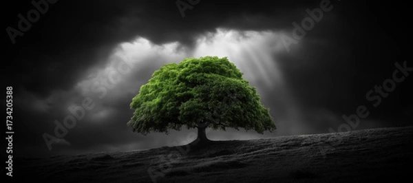 Obraz A single green tree on top of a hill, black and white landscape with dramatic sky with storm clouds. Environmental conservation concept. Generative Ai.