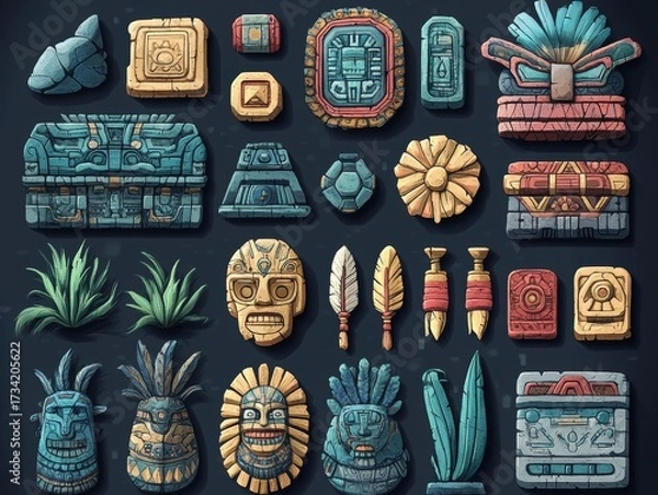 Fototapeta Vibrant Collection of Stylized Ancient Mesoamerican Game Assets: Diverse Stone Carvings, Detailed Tribal Masks, Mystical Totems, and Unique Props for Immersive Adventure Environments.