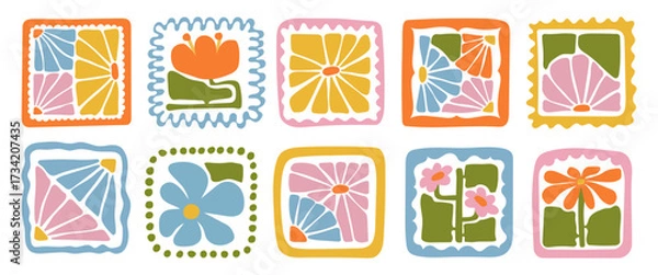 Fototapeta A collection of colorful abstract floral patterns in modern square style. Hand-drawn botanical designs in bold boho style. Perfect for decoration, crafts, textile design, and digital projects.