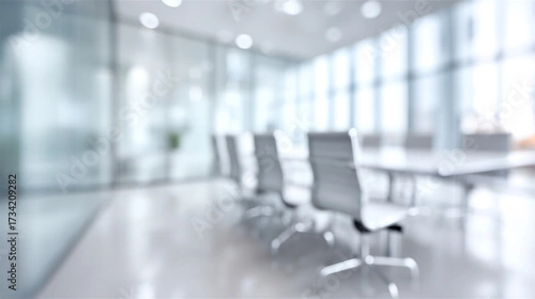 Fototapeta Empty contemporary meeting room featuring a long table, office chairs, and glass walls, creating a clean and spacious corporate environment with a soft focus