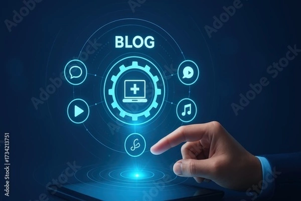 Fototapeta Digital interface displays a "BLOG" concept with interconnected icons surrounding a gear-shaped central element, a hand touches a digital tablet representing a digital blog platform.