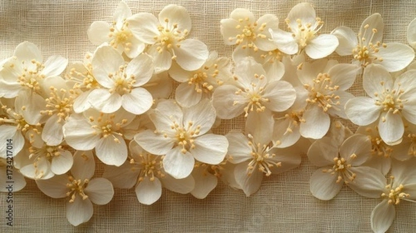 Fototapeta A Serene Close-Up of Delicate White Blossoms Adorned with Golden Stamens, Artfully Arranged on a Soft Textured Beige Linen Background, Capturing Spring's Purity and Grace.