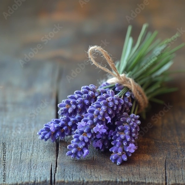 Fototapeta Captivating Fresh Purple Lavender Flowers, Neatly Tied with Rustic Twine, Artfully Arranged on a Weathered Wooden Table, Symbolizing Serenity, Natural Beauty, and Wellness Benefits