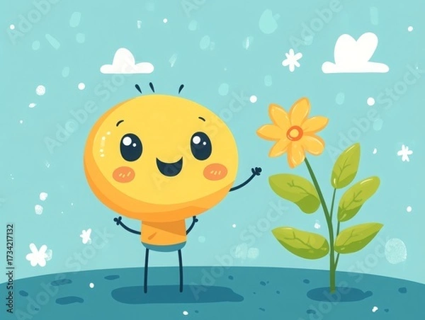 Fototapeta Cheerful round yellow character, smiling with rosy cheeks, waving by a vibrant yellow flower, green leaves. Whimsical light blue sky, fluffy clouds, abstract elements. Cute cartoon illustration.