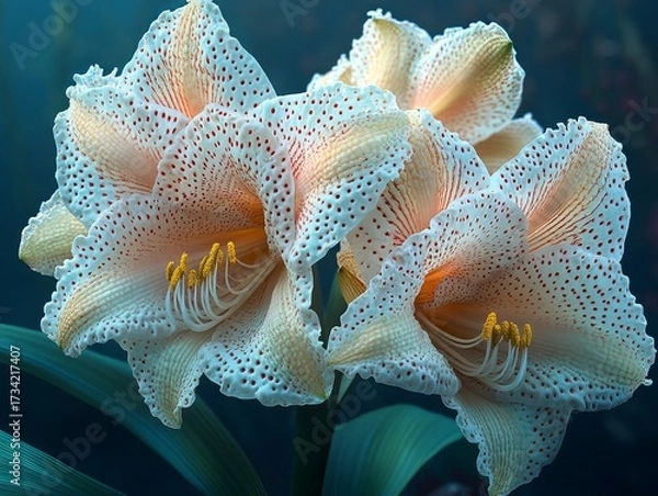 Fototapeta Exotic Spotted Amaryllis Flowers Bloom, Showcasing Intricate White Petals with Striking Red Polka Dots and Bright Yellow Stamens Against a Serene Deep Blue-Green Botanical Background