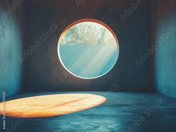 Fototapeta Striking Minimalist Interior: A Large Circular Window Bathes the Textured Concrete Floor in Warm Sunlight, Offering a Serene Glimpse of Nature's Vibrant Canopy, a Perfect Architectural Harmony.