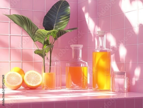 Fototapeta Sunny Wellness Aesthetic: Golden Citrus Oils, Sliced Lemons, and Tropical Plant Leaves Create a Vibrant Scene on a Stylish Pink Tiled Shelf, Illuminated by Natural Light.