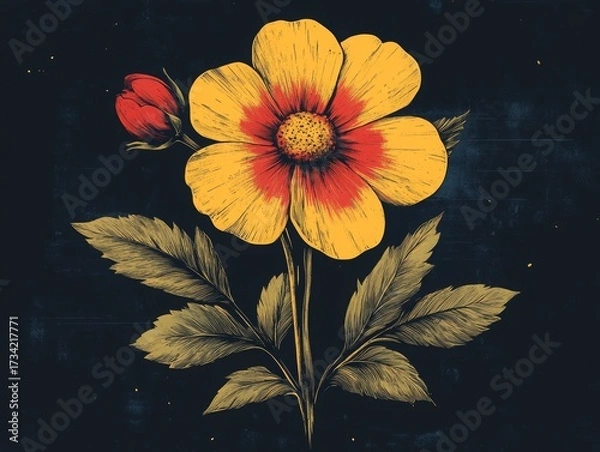Fototapeta Vibrant Dahlia Blossom and Bud: An Intricate Vintage Botanical Illustration with Golden Yellow Petals, a Fiery Red Heart, and Textured Green Leaves Against a Deep, Moody Blue Background.